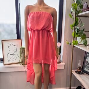 Poetry, Coral Pink Flowy Strapless High-Low Dress, Size: Medium
